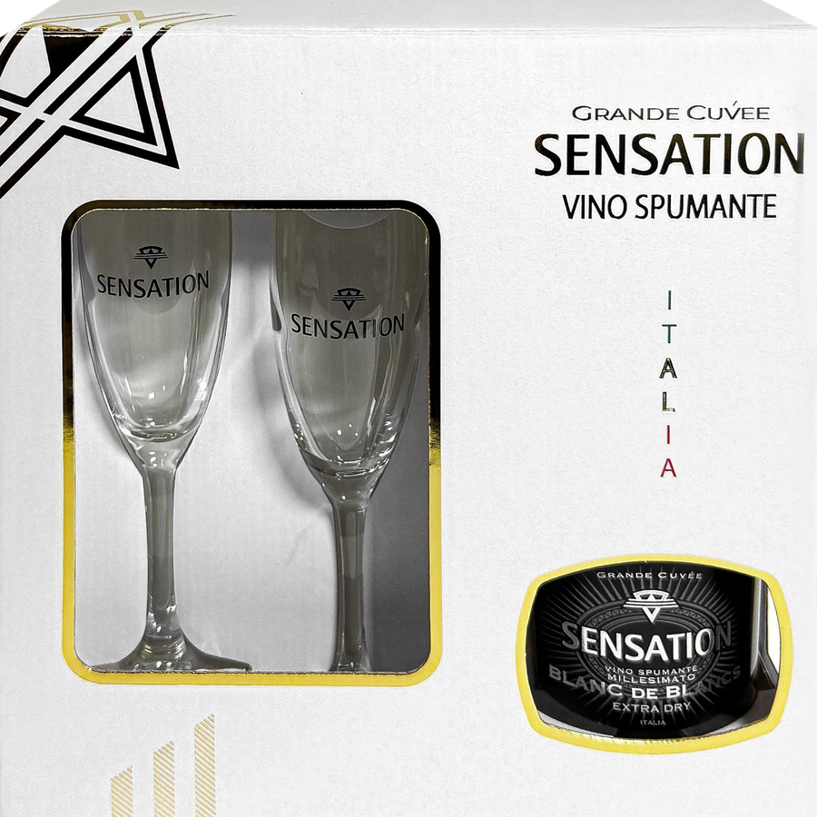 Вино игристое SENSATION Блан де Блан белое брют + 2 бокала
